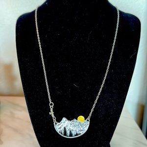 Gorgeous Mountain Pendant Necklace. Silver tone, black enamel trees, golden moon